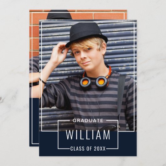 モダンシンプル海軍2 PHOTO卒業パーティー 招待状 (正面/裏面)