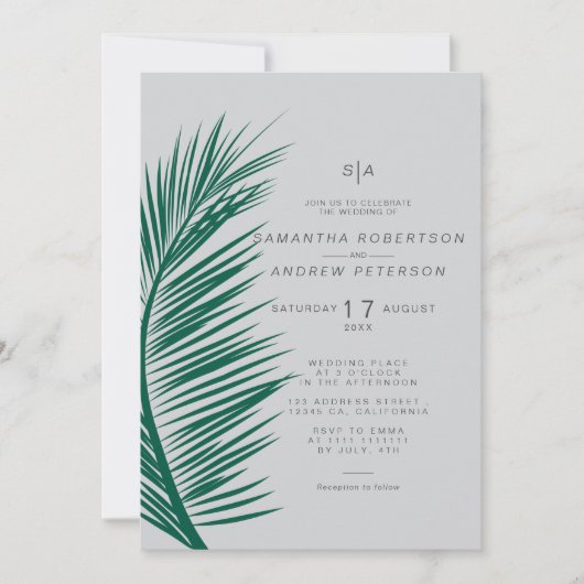 モダンシンプル灰色のヤシの葉ソフト結婚シック 招待状 (正面)