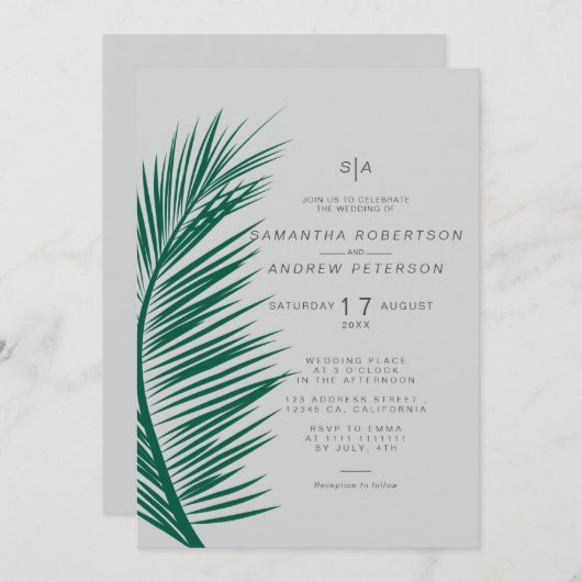 モダンシンプル灰色のヤシの葉ソフト結婚シック 招待状 (正面/裏面)