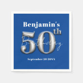 モダンシンプル王室の青・銀50誕生日 スタンダードカクテルナプキン (正面)