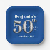 モダンシンプル王室の青・銀50誕生日 ペーパープレート (正面)