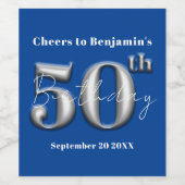 モダンシンプル王室の青・銀50誕生日 ワインラベル (シングルラベル)