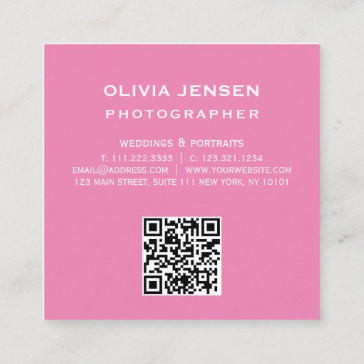 モダンシンプル生まれたばかりの写真ピンクqrコード スクエア名刺 (裏面)