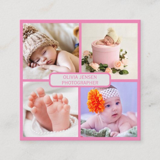 モダンシンプル生まれたばかりの写真ピンクqrコード スクエア名刺 (正面)