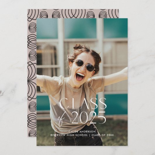 モダンシンプル白い写真卒業パーティー 招待状 (正面/裏面)