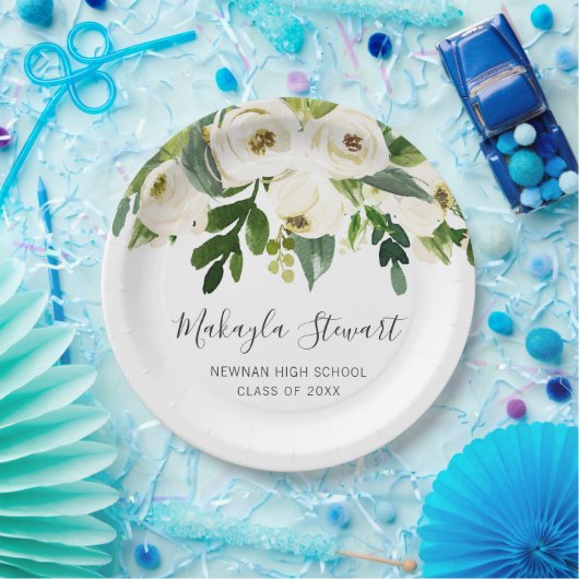 モダンシンプル白フローラエレガント卒業 ペーパープレート (パーティー)