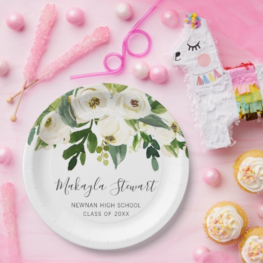 モダンシンプル白フローラエレガント卒業 ペーパープレート (パーティー)