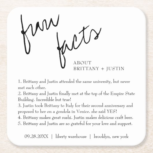 モダンシンプル白黒おもしろいファクト結婚ズ スクエアペーパーコースター (正面)