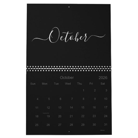 モダンシンプル白黒スクリプト月2024 カレンダー (10月 2026)