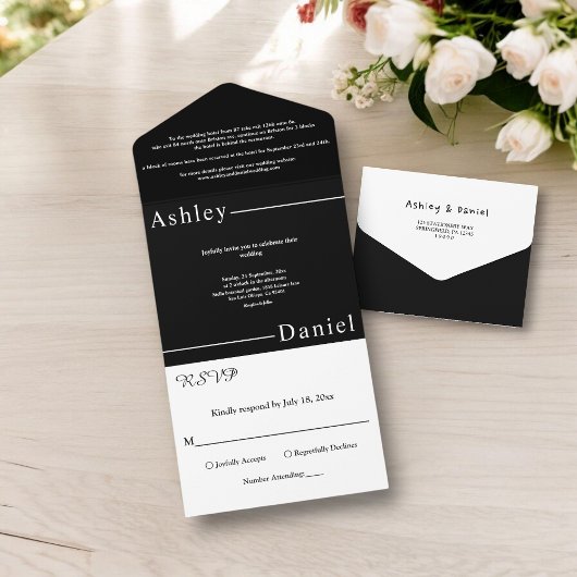 モダンシンプル白黒デリケート結婚ズ オールインワン招待状