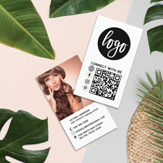モダンシンプル白黒ロゴ写真QRコード 名刺