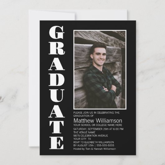 モダンシンプル白黒写真の卒業党 招待状 (正面)