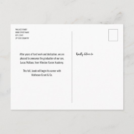 モダンシンプル白黒写真卒業 案内ポストカード (裏面)