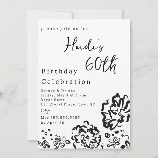 モダンシンプル白黒花60誕生日 招待状 (正面)