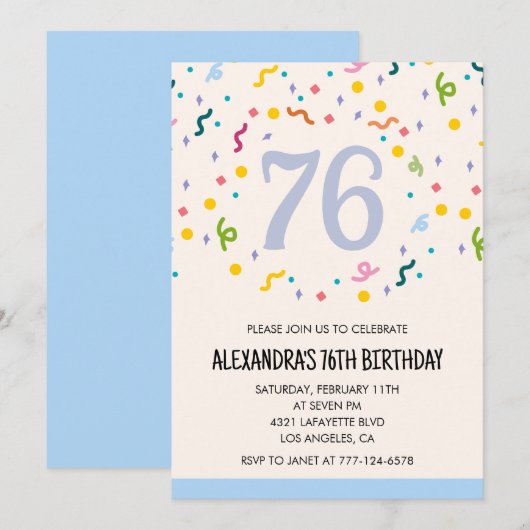 モダンシンプル紙吹雪76歳の誕生日招待状 招待状 (正面/裏面)