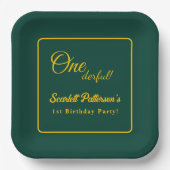 モダンシンプル緑と金ゴールドエレガント1歳 ペーパープレート (正面)