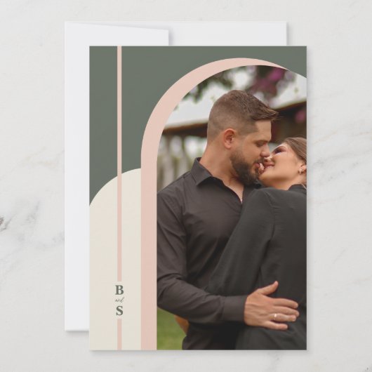 モダンシンプル緑ピンク色ブロック写真結婚の 招待状 (裏面)