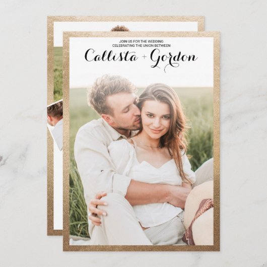 モダンシンプル縁ど金ゴールド結婚Photo Collage 招待状 (正面/裏面)