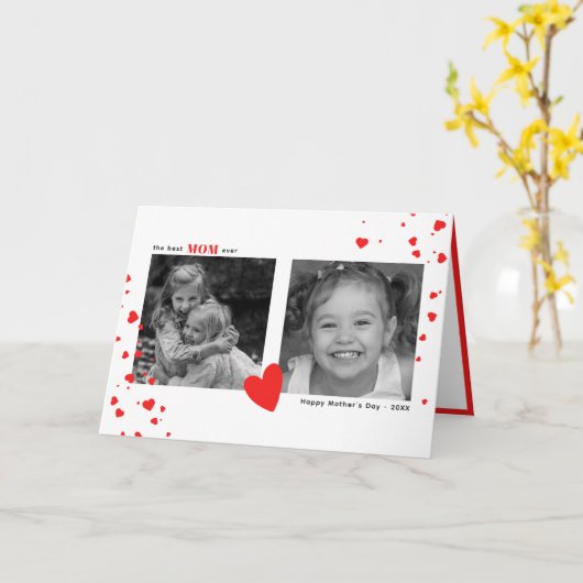 モダンシンプル赤いハート母の日の写真カスタム写真 カード (黄色い花)