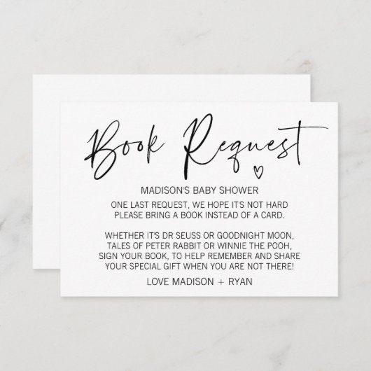 モダンシンプル赤ちゃんシャワーブックリクエストカードハート エンクロージャーカード (正面/裏面)