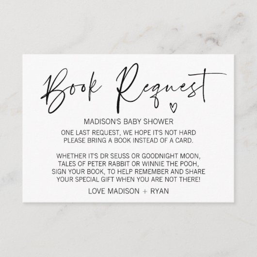 モダンシンプル赤ちゃんシャワーブックリクエストカードハート エンクロージャーカード (正面)