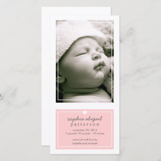 モダンシンプル赤ん坊の女の子誕生発表ピンク 案内状 (正面/裏面)
