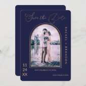 モダンシンプル金ゴールドネイビーブルーアー結婚チ セーブザデート (正面/裏面)