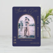 モダンシンプル金ゴールドネイビーブルーアー結婚チ セーブザデート (スタンド正面)