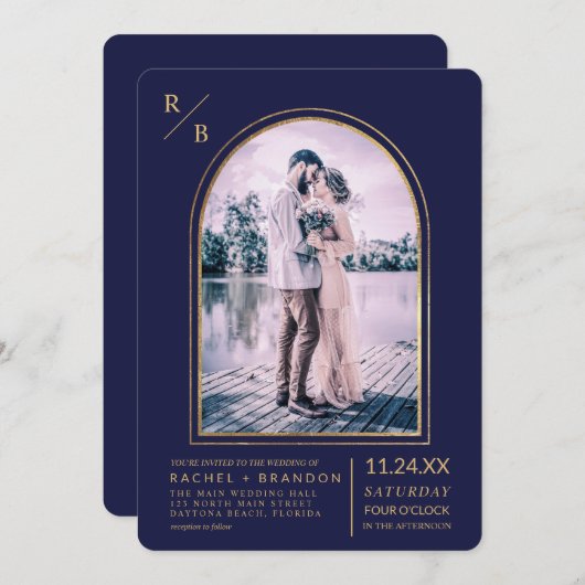 モダンシンプル金ゴールドネイビーブルーアー結婚チ 招待状 (正面/裏面)