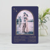 モダンシンプル金ゴールドネイビーブルーアー結婚チ 招待状 (スタンド正面)