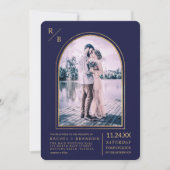 モダンシンプル金ゴールドネイビーブルーアー結婚チ 招待状 (正面)