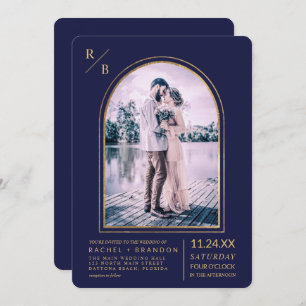 モダンシンプル金ゴールドネイビーブルーアー結婚チ 招待状