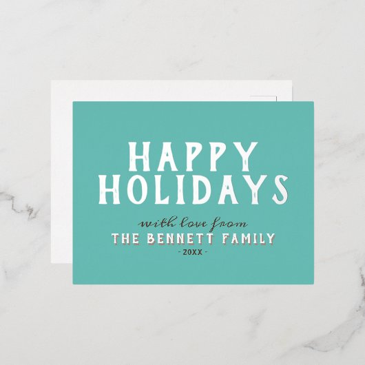 モダンシンプル銀フォイルタイポグラフィファミリーハッピーエンド 箔シーズンポストカード (正面/裏面)