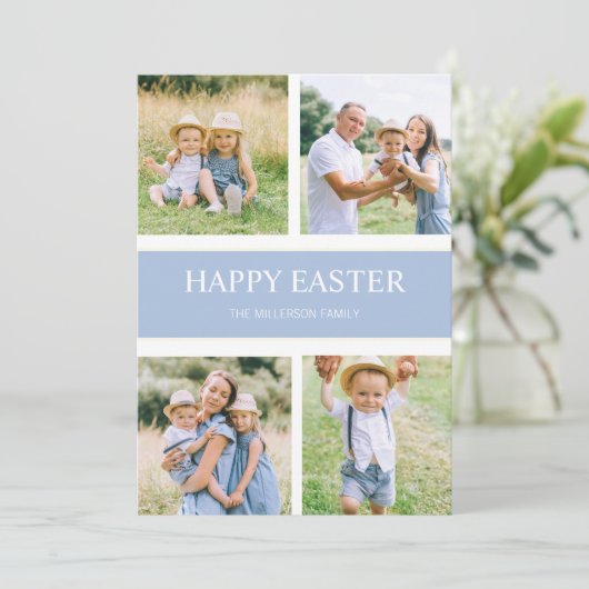 モダンシンプル青4ファミリーフォトハッピーイースター シーズンカード (スタンド正面)