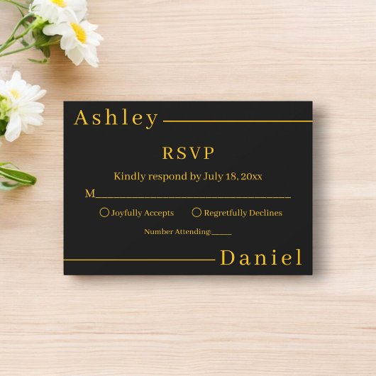 モダンシンプル黒と金ゴールドエレガントシック結婚ズ 出欠カード