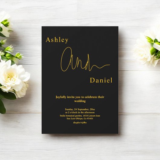 モダンシンプル黒と金ゴールドエレガントシック結婚ズ 招待状