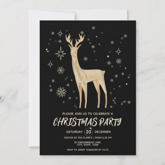 モダンシンプル黒と金ゴールドエレガント鹿クリスマス 招待状 (正面)