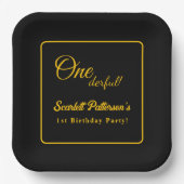 モダンシンプル黒と金ゴールドエレガント1歳 ペーパープレート (正面)