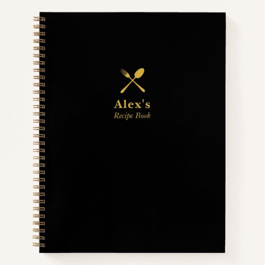 モダンシンプル黒と金ゴールドモノグラムレシピ ノートブック (正面)