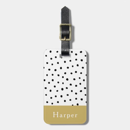 モダンシンプル黒と金ゴールドモノグラム水玉模様 ラゲッジタグ (正面縦)