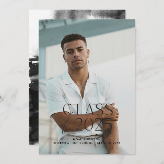 モダンシンプル黒写真卒業発表 招待状 (正面/裏面)