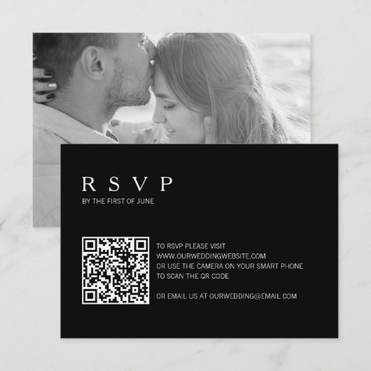 モダンシンプル黒写真QRコード結婚s 出欠カード (正面/裏面)