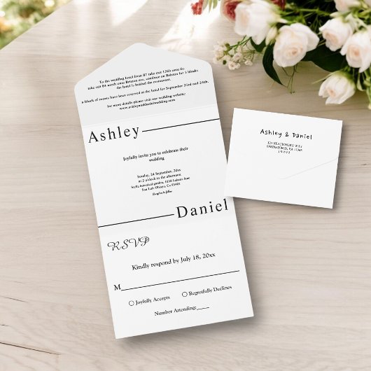 モダンシンプル黒白エレガントな結婚式 オールインワン招待状