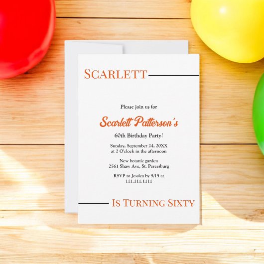 モダンシンプル黒白オレンジ60誕生日 招待状