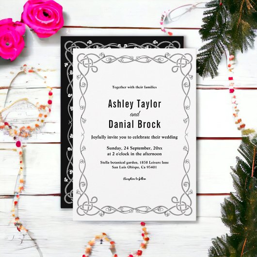 モダンシンプル黒白ボホフローラ結婚ズ 招待状