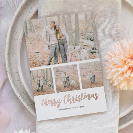 モダンシンプル4フォトクリスマスホリデー 箔シーズンカード