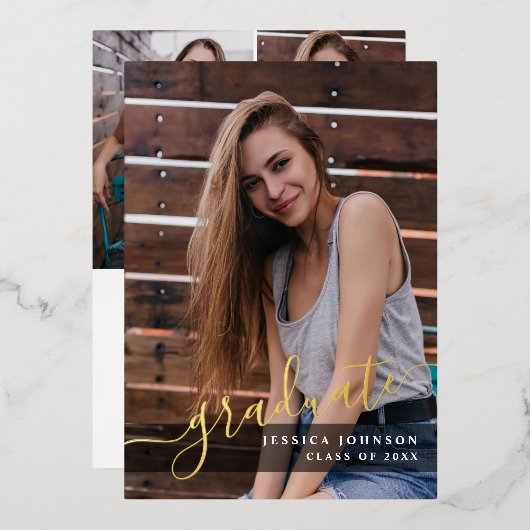 モダンシンプル4 PHOTO Graduation Party金ゴールド 箔招待状 (正面/裏面)