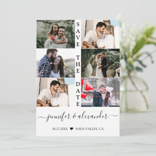 モダンシンプル6フォトコラージュタイポグラフィ結婚ズ セーブザデート (スタンド正面)