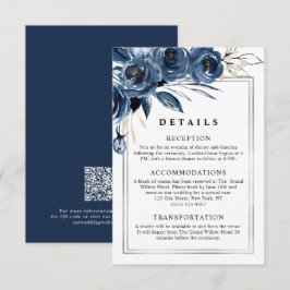 モダンシンプル ネイビーブルーとシルバーの結婚式QRコード エンクロージャーカード