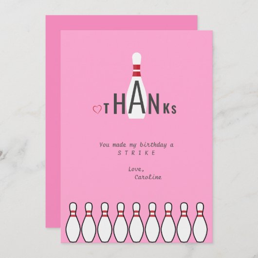 モダンシンプルAny Age Pinkボーリング誕生日パーティー サンキューカード (正面/裏面)